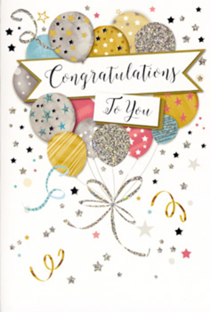 The card in this image is designed as a refined celebration, the paper equivalent of a congratulatory bouquet delivered to a doorstep in Forest Gate after a big achievement. The focal point is a lush spray of illustrated balloons, gathered in a loose, airy cluster that spans the upper and central part of the card. The balloons are rendered in a sophisticated palette of metallic gold and silver, soft champagne, dusty sky blue, blush pink and gentle grey, each orb adorned with playful yet delicate details: tiny star patterns, diagonal stripes and glitter-inspired accents that evoke the glimmer of party lights reflecting off windows along Upton Lane at dusk. They appear softly illuminated, as if an invisible spotlight is washing over them, giving their surfaces a satin-like sheen. From this cluster fall slender ribbons in gold and silver, curling in graceful arcs that taper towards the bottom of the card, their movement reminiscent of the trailing raffia or silk ribbons we tie around celebratory flower arrangements at Flower Delivery Forest Gate. Floating through the design, especially around the edges, are small metallic stars, dots and swirl motifs that echo tossed confetti and coiled party streamers. At the heart of the composition sits a classic banner, slightly curved, bearing the message Congratulations To You in flowing, dark script; the calligraphy is ornate enough to feel special but still warm and approachable, like a thoughtful note from a close friend. The background is kept soft and uncluttered, allowing the colours and metallic flourishes to shine without overwhelming the eye. The feeling is one of poised joy-festive yet polished-ideal for marking promotions, graduations, new beginnings or any success worth remembering long after the confetti has settled.