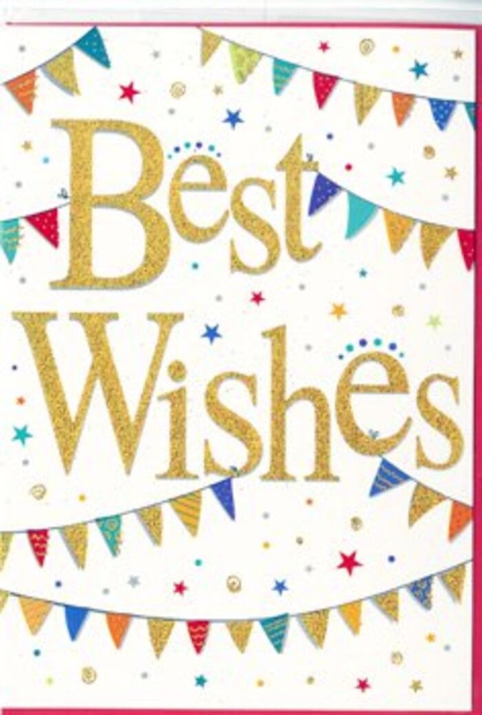 The image shows a vibrant Best Wishes card that captures the feeling of a neighbourhood celebration in Forest Gate, full of colour yet carefully composed. In the centre, the words Best Wishes appear in a generous, looping script, printed in rich metallic gold that looks slightly raised, as though applied with foil or fine glitter. This gold lettering glows warmly against the crisp white background, creating a focal point that immediately draws the eye and feels both festive and refined. Arcing gracefully above and below the text are strings of bunting, each strand made up of small triangular flags that appear to dance lightly across the surface. The pennants are rendered in a mix of jewel-like colours-deep blue, cherry red, grass green, bright yellow, and softer pastel accents-with a variety of cheerful patterns: some flags are boldly striped, others are dotted, and a few feature tiny mosaic-style motifs that add texture and personality. Scattered around these banners and near the gold words are petite starbursts and confetti-like dots in coordinating hues, some with a subtle shimmer that catches the light, suggesting the aftermath of a joyful toast or the sparkle of evening lights along nearby Green Street. The layout feels open and breathable, with plenty of white surrounding the artwork, so the design remains uncluttered and easy to read. There is a distinct tone of optimism and encouragement running through the card, making it ideal for celebrating exam success, a new job in the City, a baby on the way, or any milestone worth cheering. It's easy to imagine this card resting beside a fresh bouquet delivered across Forest Gate, carrying warm congratulations and supportive wishes to someone marking a new chapter in their life.