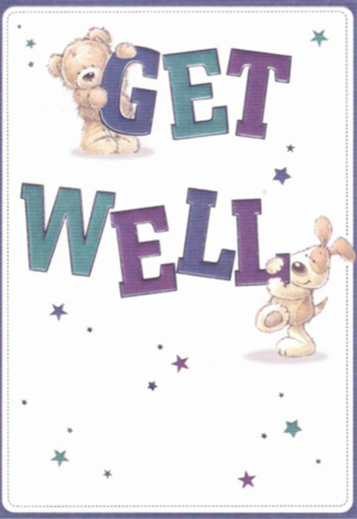 This illustrated get well card is a heartfelt offering of encouragement, beautifully capturing the nurturing spirit that defines Forest Gate. The scene is alive with the playful companionship of a patchwork bear and a floppy-eared pup-each drawn with a tactile softness that invites comfort and reassurance, not unlike the feeling of receiving a hand-tied bouquet from a caring neighbor. Lush star motifs in shades of blue and purple swirl around them, scattering good wishes like petals outside the local cafés near Wanstead Park. Their joy is grounded by the large, confident lettering of 'Get Well,' rendered in rich, gradient tones of violet and teal that command attention against a pale, pristine backdrop. Every illustrated detail feels lovingly considered, reminiscent of the precision seen in floral arrangements crafted by Forest Gate's dedicated florists. The fur of the bear suggests plush coziness, the puppy's floppy ears evoke the velvety texture of lisianthus petals, and the soft background light creates an atmosphere of cleanliness and hope. Imagine pairing this card with a bouquet brimming with seasonal blooms from Flower Delivery Forest Gate-together, they offer a radiant gesture of support and care, perfectly suited for lifting spirits and delivering smiles to friends and family recovering in the comforting surroundings of Forest Gate.