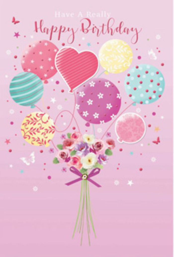 Charming illustrated birthday card image depicting a bouquet of flowers seemingly carried into the sky by a cluster of pastel balloons, described with the eye of a florist who knows Forest Gate's love of colour and cheer. The background is a tender blush pink, smooth and warm, like the inside of a favourite café along Woodgrange Road on a bright morning. At the base of the design, a hand-tied bouquet gathers petite roses and daisy-like blossoms, their petals velvety and soft, shaded from creamy ivory through gentle blush to a deeper rosy fuchsia. Each bloom appears carefully placed, giving the impression of a bouquet arranged with the same care as one prepared for same-day birthday delivery around Upton Park or Manor Park. A narrow, sparkling purple ribbon secures the stems, its satin loops catching subtle highlights that make the bow look crisp and elegant. Rising from the heart of the flowers, a playful spray of balloons floats upward. Their colours echo the bouquet-pale sunshine yellow, lavender, seafoam green, and rose pink-while their surfaces are adorned with delicate patterns: candy-cane stripes, swirling lines, scattered polka dots, and dainty floral motifs. Light glances across the balloons, giving them a rounded, almost tangible sheen, as though they are gently swaying in a living room ready for a birthday party. Tiny stars and softly drawn decorative accents are sprinkled around, adding a hint of magic and the feeling of a daydream caught on paper. The overall mood is one of gentle jubilation and affection, ideal for a birthday card that will accompany fresh flowers to a home near Wanstead Flats or along Katherine Road.