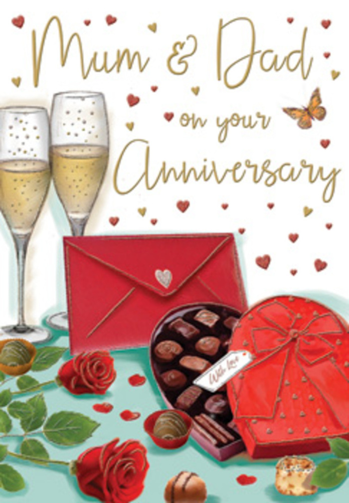 Detailed anniversary card artwork capturing a richly romantic still life, as if composed by a Forest Gate couple setting the table for an intimate evening. Dominating the left side, a heart-shaped box of chocolates sits open on a smooth surface, its deep crimson shell lined with warm tones that make the individual chocolates look temptingly real. Some pieces are neatly nestled in their compartments, while a few have been gently moved forward, suggesting shared indulgence; each truffle is shaded in soft browns and dark cocoa hues, with tiny glints of light that evoke hand-finished confectionery from a beloved local shop off Romford Road. Draped across the lid, an opulent red bow twists and loops, the satin ribbon drawn with subtle highlights that give it movement and depth. Just in front, two plush red roses rest side by side, their petals densely layered and edged with a faint sheen, framed by fresh, rounded green leaves that resemble stems a professional Forest Gate florist might carefully choose for a same-day anniversary delivery. On the right, two slender champagne flutes rise gracefully, their stems long and delicate, holding golden, effervescent champagne. The bubbles and reflections create a feeling of evening light glancing across the glass, like a celebration at home after dusk. Around the composition, tiny golden and scarlet hearts drift in a loose halo, and a bold red envelope, sealed and slightly askew, hints at a heartfelt message written for Mum & Dad. The artwork radiates cosy elegance, evoking the scent of roses, the clink of glasses, and the comforting sense of a love story cherished over many years in Forest Gate.