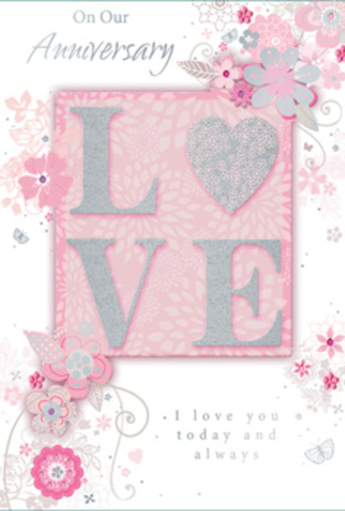 The image shows a romantic anniversary card styled with the softness of an early spring morning in Forest Gate, its design combining tactile detail with delicate illustration. At the heart of the card, the word LOVE is presented in bold, uppercase letters, each one raised from the surface and dusted with fine glitter so that they sparkle gently when they catch the light. The letters sit against a soft blush pink panel that seems to emit a subtle, pearly glow, bordered by lighter tones of ivory and white to give the composition a sense of depth. Flowing outwards from this central motif, slender vines, stylised blossoms, and tiny leaves curl and drift across the card, drawn in fine strokes of pink, soft grey, and silver. The flowers resemble the outlines a florist might sketch while planning an anniversary arrangement on Romford Road-simple yet full of intention, with petals that look as though they could unfurl at any moment. The card stock appears smooth and high-quality, with the raised glitter letters adding an extra sensory layer, inviting a gentle touch that mirrors the tenderness of the occasion. Elegant script lettering carries messages of love and ongoing devotion, placed thoughtfully to complement rather than crowd the floral design. The overall palette of blush pinks, pearlescent whites, and subtle metallics feels ethereal but not overly ornate, more like a quiet whisper than a shout. This card could easily sit beside a pastel bouquet from a Forest Gate florist, the two together forming a heartfelt tribute to an anniversary celebrated with grace, gratitude, and enduring affection.