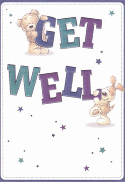 A wave of comfort and gentle optimism flows from this illustrated get well card, reminiscent of the caring gestures exchanged along the tree-lined walks of Forest Gate. It features a charming teddy bear perched atop the word 'GET,' his paws soft and inviting, while a lively puppy nestles against the bold 'WELL,' their faces bright with encouragement and innocence. The expressive figures reflect the type of thoughtfulness seen in the best local florist deliveries, where every stem and bloom is selected to soothe and uplift. Deep purples and vibrant teals color the playful lettering, jumping out from a clean ivory background that echoes the light and clarity of a freshly tidied shopfront on Woodgrange Road. Sprinkled around the scene are whimsical, star-shaped bursts-tiny tokens of hope that seem to twinkle with the same promise as fresh flowers delivered to local homes on a brisk morning. The friendly, rounded forms and soft-edged illustration invite the viewer to feel the comforting texture of a beloved companion, as if the bear and puppy could be hugged tight during a moment of convalescence. Just as every bouquet from Forest Gate's trusted local florists brightens a needful day, this card is designed with true care-each brushstroke and detail radiates gentle encouragement, turning simple words into a celebration of friendship and recovery within the familiar embrace of Forest Gate.