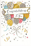 This congratulations card feels like a moment of shared joy captured on paper, the same uplifting emotion you sense when delivering flowers to a proud family in Forest Gate after good news. The artwork centres on a generous bouquet of balloons rising gracefully from the bottom towards the top of the card. Each balloon is distinct, yet harmonises beautifully with the others: shimmery gold and silver spheres, soft champagne tones, sky blues, blush pinks and gentle dove greys, all decorated with fine patterns of tiny stars, glittery sprinkles and understated stripes. Their rounded shapes overlap and layer, creating depth and a sense of fullness, as though you're looking at a real cluster bobbing gently in the air along a lively stretch of Forest Lane. Slim, elegantly drawn ribbons in metallic gold and silver stream downward from the balloons, curling and looping with an easy, celebratory rhythm that mirrors the loose bow on a hand-tied bouquet. Scattered across the soft, pale background are little metallic stars, dots and curling streamers, like confetti that has just been tossed, still suspended in mid-air. Cutting through the centre of the composition is a graceful banner, slightly unfurled, with the words Congratulations To You scripted in flowing, decorative lettering. The message feels sincere and personal, as if it has been carefully chosen for a graduation, a long-awaited promotion, or a hard-won exam result. The overall effect is light, radiant and warmly festive, balancing glamour with genuine emotion, and creating a keepsake that can sit proudly on a mantelpiece or desk long after the celebration has passed.