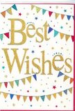 This Best Wishes card looks like a little burst of celebration, the sort of joyful detail you might spot in a Forest Gate window display on a bright morning. In the centre of the design, the phrase Best Wishes is written in bold, flowing script, rendered in gleaming metallic gold that appears delicately raised from the surface. The gold has a fine glitter or foil effect, catching the light with every movement, giving the text a luxurious yet friendly glow against the pristine white background. Framing this central message are curved strands of bunting, one near the top and one near the bottom, each composed of tiny triangular flags that create a gentle, festive arc. The flags are coloured in vivid hues-reds, blues, greens, yellows, oranges, and pinks-some simply solid, others decorated with playful patterns of polka dots, stripes, or small geometric details that suggest handmade charm. Around the bunting and lettering, clusters of miniature stars and confetti dots are scattered lightly, as though drifting through the air after a round of applause. A few of these shapes share the same metallic glint as the central script, tying the elements together and adding a sense of sparkle that recalls evening celebrations near Wanstead Flats or along Romford Road. The overall composition is balanced and uncluttered, with generous white space that keeps the card feeling airy, modern, and easy to read. Emotionally, it radiates positivity, encouragement, and shared excitement-perfect for sending warm congratulations on a new job, a house move in E7, or any happy milestone. Paired with fresh flowers from a Forest Gate florist, this card would carry heartfelt support and hopeful wishes with simple, elegant charm.