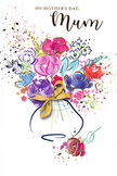 This Mother's Day card presents a vibrant, loosely painted bouquet that seems to dance across the page, echoing the easy, friendly spirit of Forest Gate. At its base, a simple vase is suggested with soft washes of cool blue and grey, rounded and gentle, as though made of smooth glass catching diffused light from a nearby window. A slim, shimmering golden bow rests at the front, representing the finishing touch a florist adds just before a bouquet leaves the shop for delivery. Rising from the vase, a medley of blossoms bursts into view: bold cerise and magenta flowers with deep indigo outlines, looser red and coral blooms, and hints of lilac and sky blue nestled between them. The petals are not sharply defined but instead melt into one another, their colours blending like reflections in a rain-kissed puddle along a Forest Gate pavement. Threaded throughout are small flashes of leafy greens, from muted sage to bright chartreuse, which suggest fresh foliage framing the flowers without dominating the scene. Delicate trails of gold ink or paint highlight the contours of petals and leaves, giving the impression of light skimming their surfaces at dawn. All around the main bouquet, tiny hearts, scattered dots, and flicks of colour float freely against a clean white background, creating movement and a celebratory feel, like confetti thrown at a family get-together in a local park. The overall impression is one of warmth, joy, and heartfelt appreciation, capturing the emotion of saying Happy Mother's Day with flowers that bloom eternally on paper, even after fresh bouquets fade.