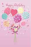 Playful birthday card illustration capturing a pastel bouquet of balloons and flowers, described as if by a Forest Gate florist creating something light, airy, and full of joy. The background glows in a calm, blush-pink tone, setting a tender stage for the scene. From the lower centre, a cluster of delicate blooms emerges-tiny roses and anemone-like flowers in shades of cream, blush, and soft mauve. Their petals are drawn with a feathery touch, suggesting both softness and freshness, like flowers that have just arrived at a doorstep off Romford Road. Wrapped neatly around the gathered stems is a violet satin bow, its ribbon ends curling slightly, reflecting imagined glimmers of light. Above the bouquet, a spray of balloons lifts upward, as though the flowers are floating towards the ceiling of a cosy Forest Gate flat. Each balloon has its own character: some are decorated with candy-coloured stripes, others with joyful polka dots, and a standout heart-shaped balloon glows at the centre, symbolising love and birthday wishes. The palette of sea greens, gentle pinks, sunny yellows, and lavender blends harmoniously, mirroring the colours of the blooms below. Soft, diffused light seems to wash over the entire composition, enhancing the balloons' subtle shine and the petals' natural glow. Scattered stars and small decorative flourishes dance around the bouquet and balloons, adding a dreamy, fairy-tale feel. Overall, the artwork evokes the scent and happiness of a birthday morning in Forest Gate, ideal to accompany a real bouquet delivered to friends and family across Woodgrange Road, Upton Lane, and the nearby streets.