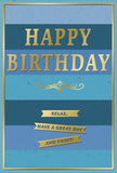 This birthday card presents a calm yet quietly celebratory design, built around a series of broad, horizontal blue stripes that run cleanly from edge to edge. The colours shift gradually from a strong, deep navy at the lower part of the card through more medium, ocean-like blues to a softer, lighter blue nearer the top, creating a gentle gradient that feels like looking across the sky above Wanstead Flats on a clear birthday morning. Centered across these bands, the phrase HAPPY BIRTHDAY appears in bold, capitalised gold lettering. The words are embossed so they stand slightly proud of the surface, and their metallic sheen adds a refined shimmer whenever light strikes them, similar to sunlight catching on shopfronts along Woodgrange Road. Just beneath the main message sits a decorative golden flourish, a delicate looped motif that evokes traditional calligraphy and lends the card a timeless charm. Below this flourish, three slender gold banners are neatly stacked in a vertical line. Each ribbon holds part of the friendly greeting: Relax, have a great day and enjoy! The sentiment feels warm and personal, encouraging a pause in the usual pace of Forest Gate life to savour the birthday. A thin gold line runs around the edge of the card, framing the entire design and giving it a polished, finished look. The background blues appear matte and velvety, while the gold elements are slightly raised and glossy, offering subtle texture differences that can be felt under the fingertips. This serene blue-and-gold birthday card would look perfectly at home alongside a fresh bouquet delivered locally, adding an air of thoughtful elegance to a simple tabletop display.