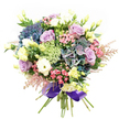 This meticulously designed bouquet, radiating understated luxury and heartfelt artistry, embodies the spirit of Forest Gate's flourishing floral scene. At the bouquet's core, lush hydrangeas bloom in velvety indigo, teal, and subtle purple, their abundant clusters lending a sense of depth and tranquillity akin to quiet corners of Wanstead Flats. Banks of lavender and cream roses unfold gracefully among the hydrangeas, offering notes of romance and serenity, while snowy white ranunculus blossoms, with their delicately layered petals, add plush softness and texture. Interweaving the composition are pale yellow eustoma buds and blossoms, their gentle forms bringing highlights of delicate brightness reminiscent of soft morning light peeking through the trees on Sebert Road. Sprays of bold fuchsia-pink filler flowers and feather-light pale pink astilbe create points of vibrancy and whimsical softness around the edges. Wisps of translucent green and white lace-like filler flowers nestle within, enhancing the intricacy and complexity of the arrangement. Deep green foliage frames the display, highlighting the freshness of each bloom. The stems, tightly bound and elegantly finished with a rich royal purple satin ribbon, speak to the craftsmanship and pride of local floristry. This bouquet, available for cherished occasions in Forest Gate, brims with joyous colour, gentle fragrance, and tactile beauty-a celebration of both love and the unique character of East London's community.