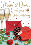 Anniversary card illustration arranged like a small celebration scene, reminiscent of a special evening at home in Forest Gate after flowers and treats have arrived at the door. In the foreground, two flawless red roses lie gently on a tabletop, their velvety petals unfurling in tight spirals, surrounded by glossy green leaves that give a sense of freshness and expert floristry. Just beyond the roses, a heart-shaped chocolate box in a rich ruby red commands attention, its lid open to reveal a carefully organised selection of chocolates, some dark and smooth, others lighter and drizzled, each drawn with subtle highlights as though catching the glow of nearby candles. A striking red bow sweeps across the lid, its ribbon loops soft and full, adding an indulgent flourish. To the right, a pair of tall, slim champagne flutes stand close together, filled with sparkling golden champagne; the bubbles are depicted in fine detail, rising through the liquid and reflecting light like tiny stars. Around the central objects, a whimsical scattering of small gold and red hearts and delicate strokes of shimmer create a festive halo, hinting at the joy of an anniversary well-celebrated. A scarlet envelope, sealed and set slightly apart, suggests a handwritten message crafted especially for Mum & Dad, bringing a tender, family-oriented note to the scene. The overall mood is warm, romantic, and gently luxurious, evoking the clink of glasses, the sweetness of shared chocolate, and the affection that grows through years together in Forest Gate's close-knit homes and streets.